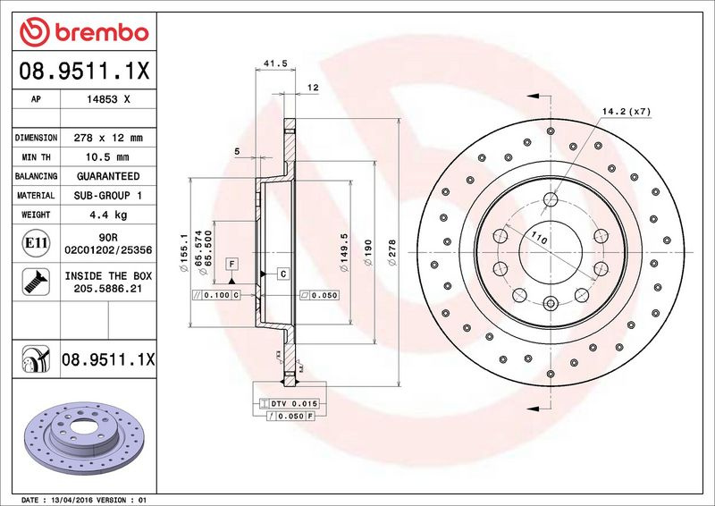 Brzdový kotouč BREMBO 08.9511.1X