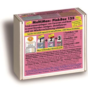Čisticí a dezinfekční sada na pitnou vodu MultiMan PinkBox 125 pro nádrže do 125 l kompletní třífázová hygiena vodního systému pro karavany a obytné vozy 309740