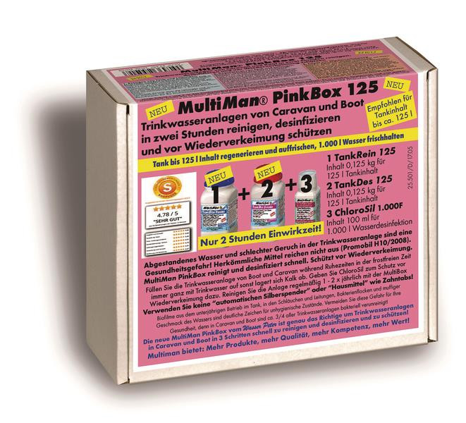 Čisticí a dezinfekční sada na pitnou vodu MultiMan PinkBox 125 pro nádrže do 125 l kompletní třífázová hygiena vodního systému pro karavany a obytné vozy 309740